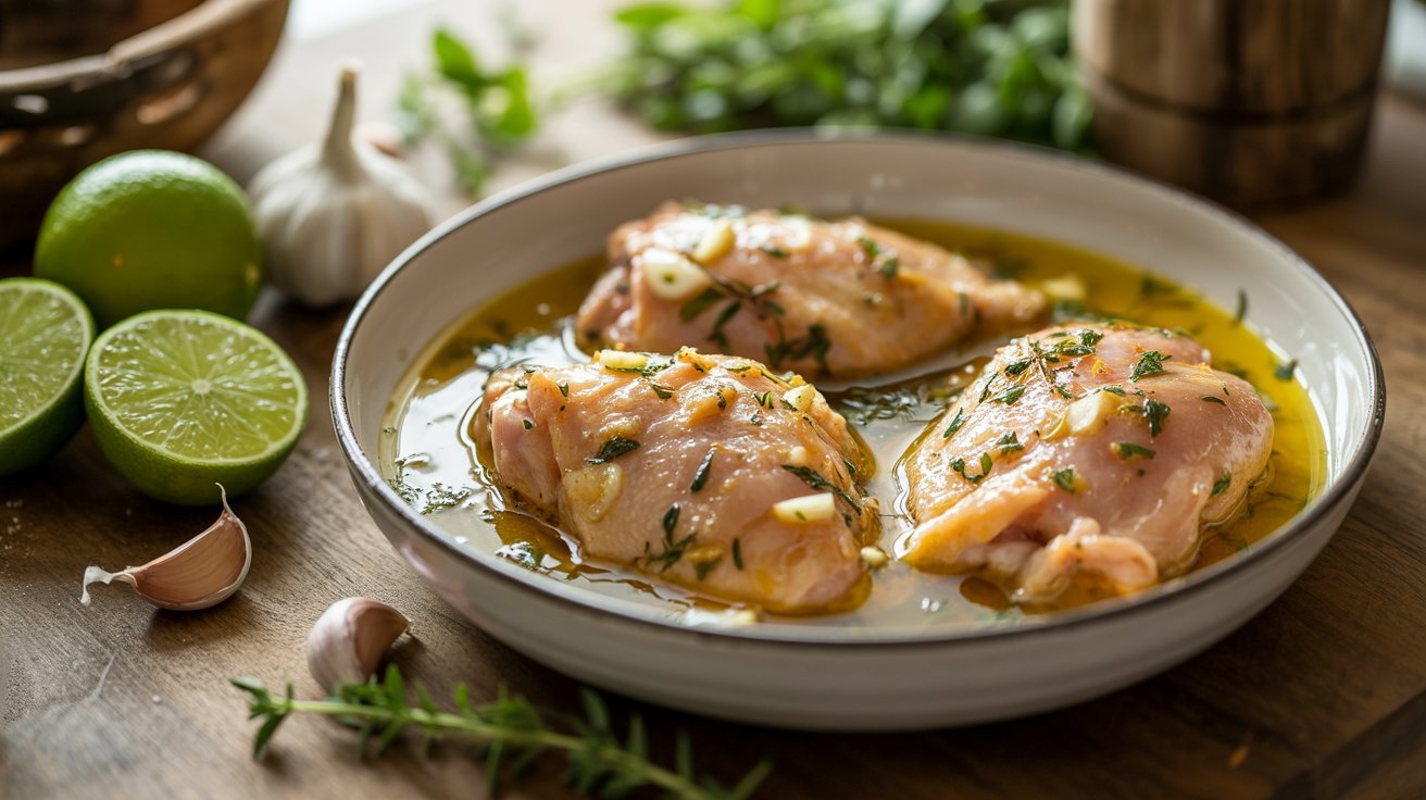 A white bowl filled with chicken thighs, topped with herbs and garlic, intended for a Tequila Lime marinade.