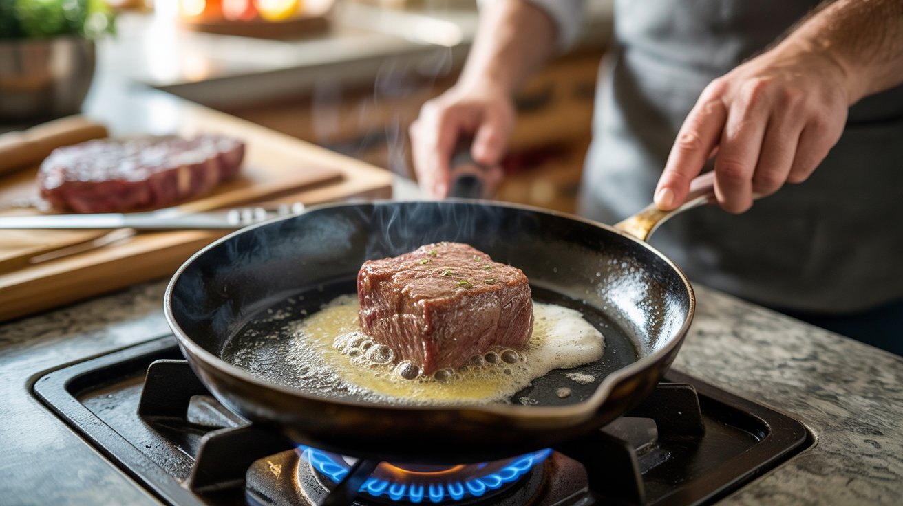 A person carefully cooking a steak in a pan on a stove, focusing on controlling the heat for optimal results.