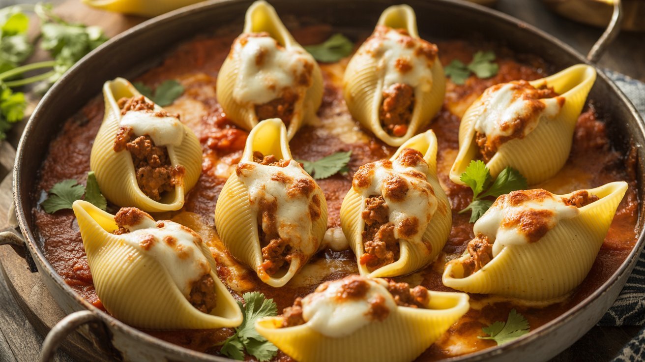 A plate of baked Mexican stuffed shells, generously filled with meat and cheese, showcasing a golden-brown top.