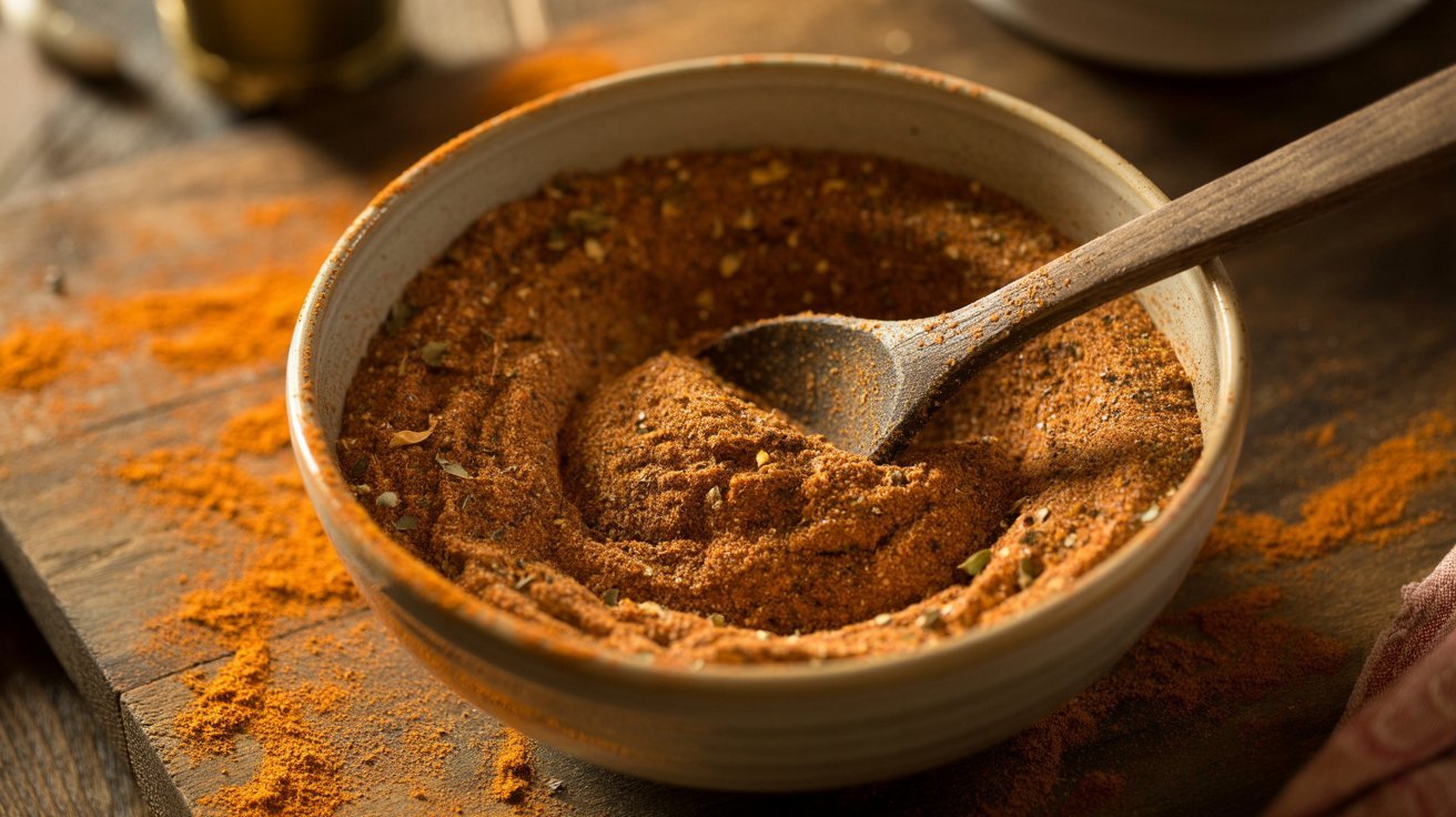 A bowl containing various spices and a wooden spoon, designed for mixing a Smoked Turkey Rub.