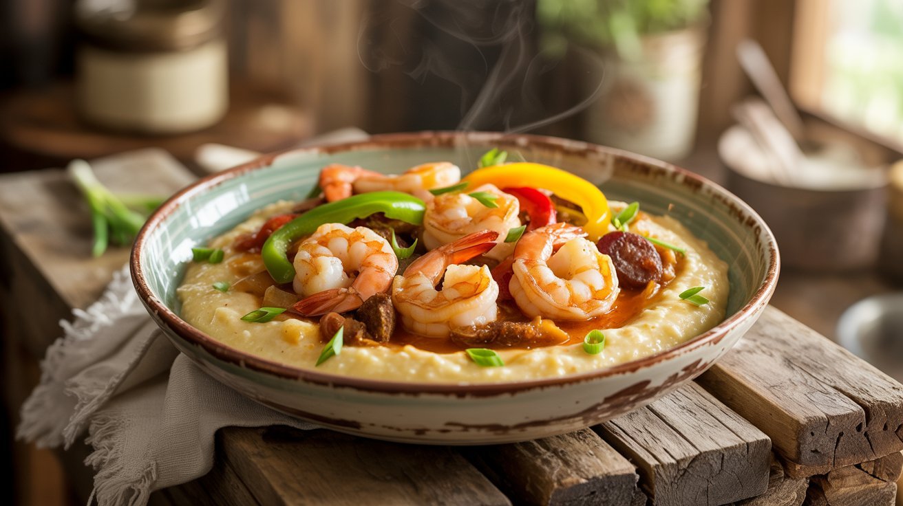 A serving of shrimp and grits in a bowl, accompanied by a spoon, representing a traditional Louisiana recipe.