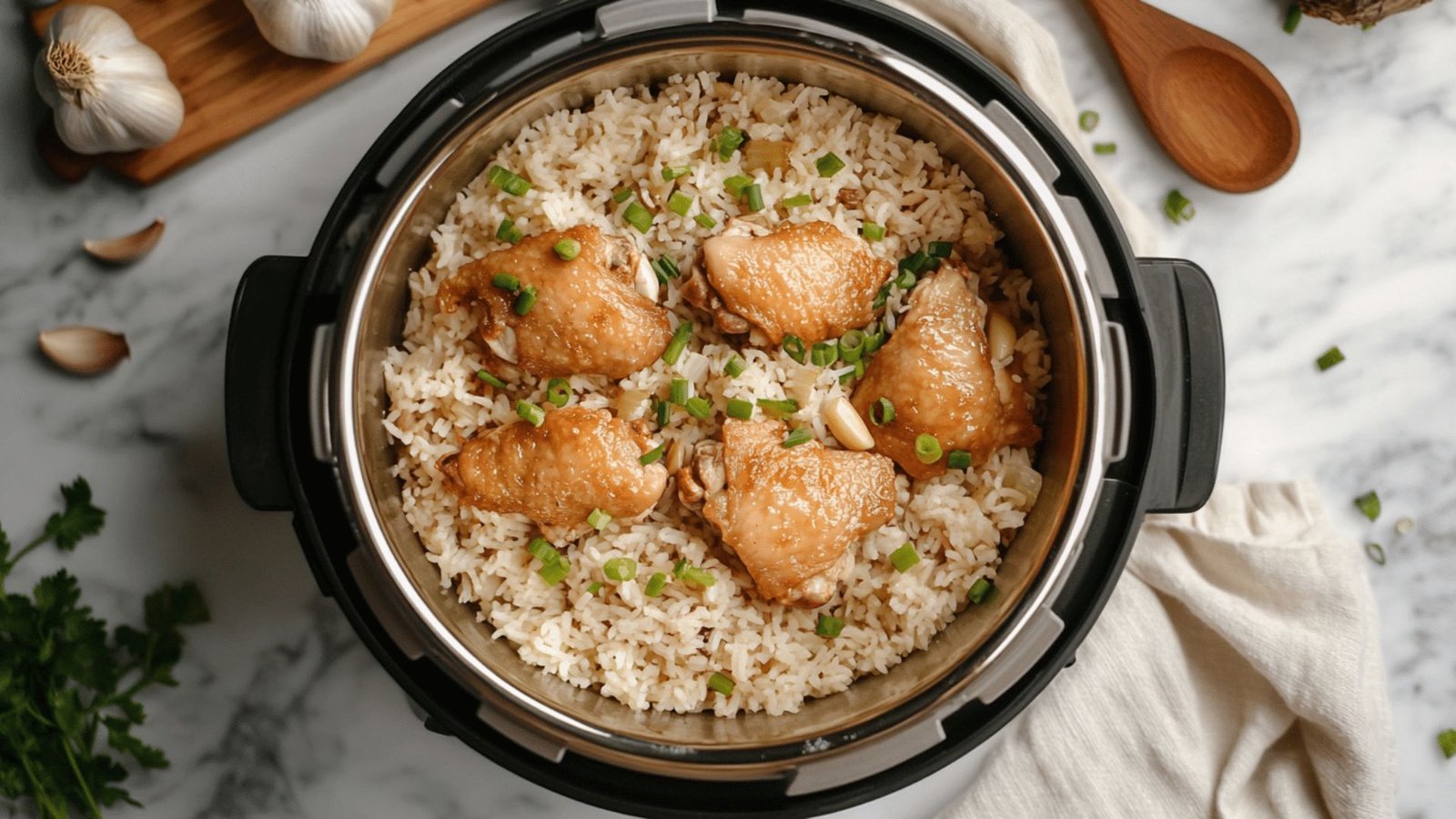 Chicken layered over rice in an instant pot, showcasing a delicious meal preparation in a rice cooker.