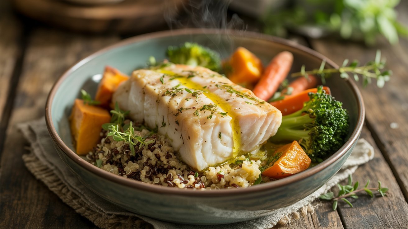 A bowl of Lemon Olive Oil Baked Cod with colorful vegetables and fresh herbs, showcasing a healthy meal option.