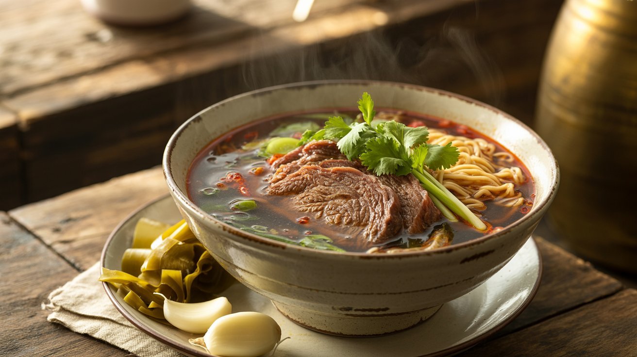 A bowl of classic beef noodle soup with meat and vegetables, placed on a rustic wooden table.
