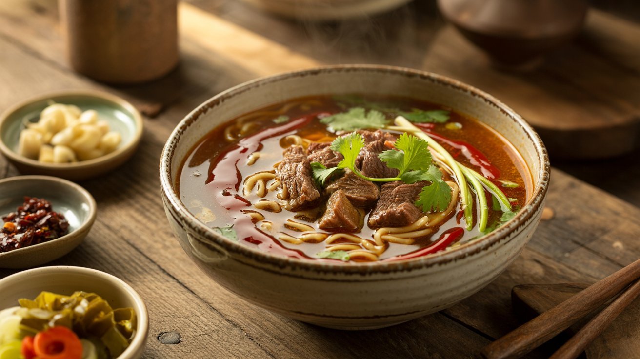 A bowl of homemade beef noodle soup with meat and noodles, placed on a wooden table.