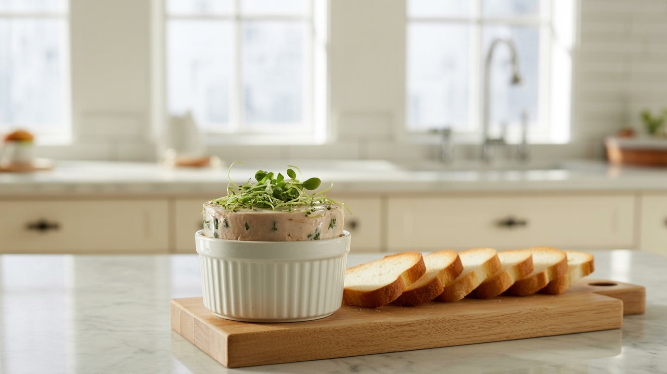 A rustic bowl of Chicken Liver Mousse with fresh bread on a cutting board, showcasing a dish influenced by Ina Garten's Chicken Liver Mousse.