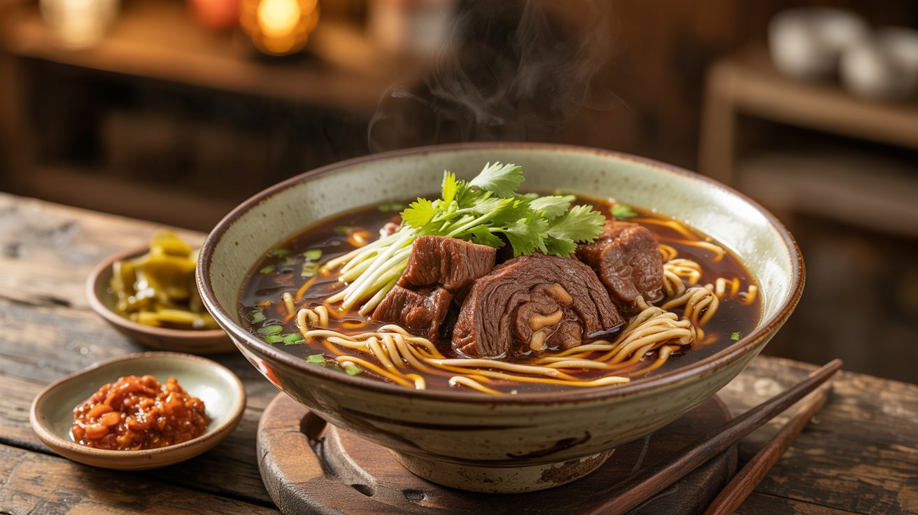 A bowl of Taiwanese beef noodle soup filled with noodles, tender meat, and colorful vegetables.