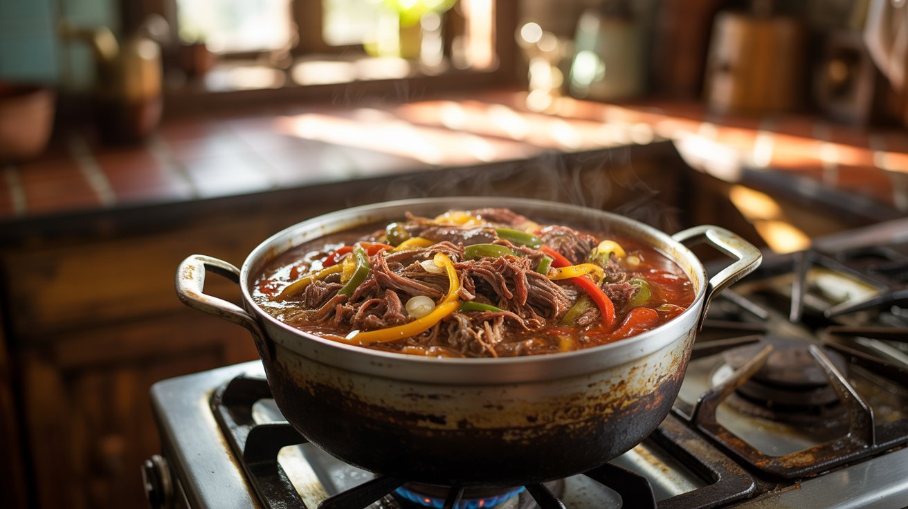 A pot of traditional Cuban stew simmers on the stove, with a window providing natural light in the background.
