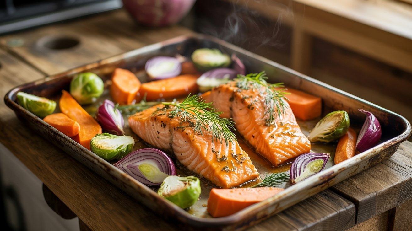 pan featuring salmon fillets and an assortment of roasted fall vegetables, ready for serving.