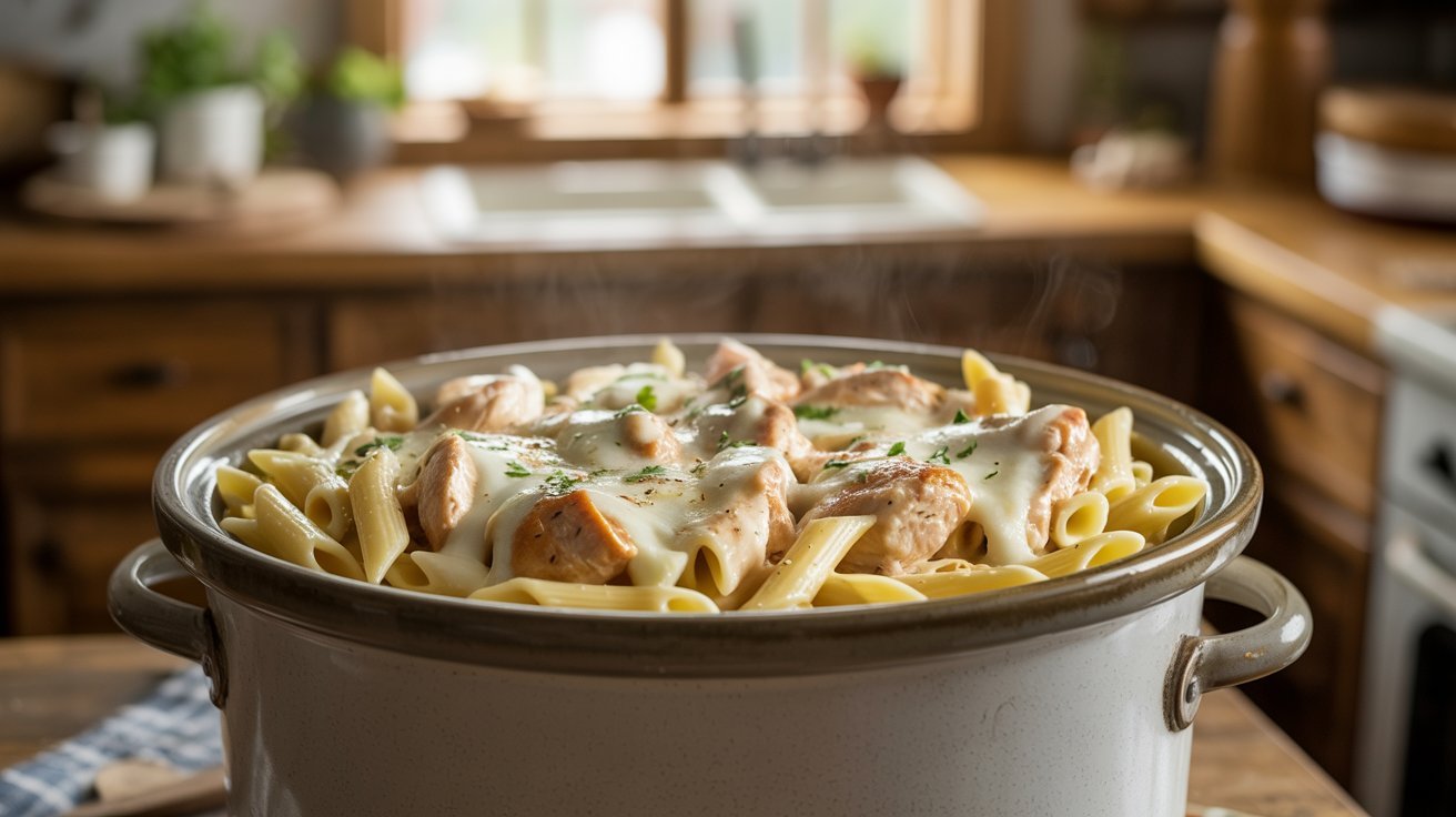 Chicken and pasta simmering in a slow cooker, perfect for easy and flavorful weeknight dinners.