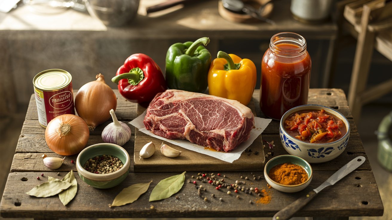 Ingredients for Ropa Vieja: raw meat, assorted vegetables, and spices displayed on a rustic wooden table.