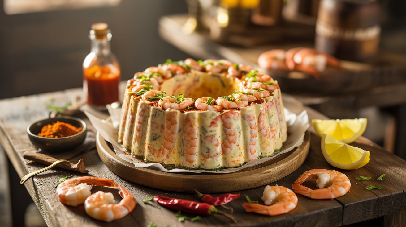 A spicy shrimp mold garnished with lemon slices and spices, showcasing a Cajun-inspired mold recipe.