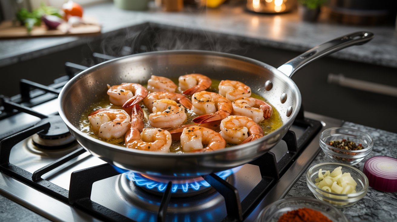 A pan on a stove with shrimp sautéing, illustrating a step in making shrimp and grits at home.