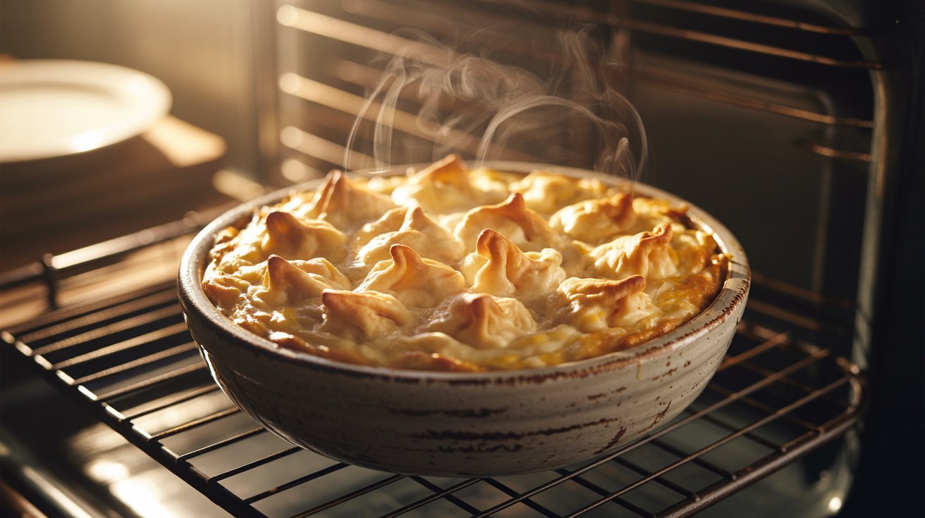 A pot of crab rangoon dip in the oven, with instructions to bake until hot and bubbly for a delicious appetizer.