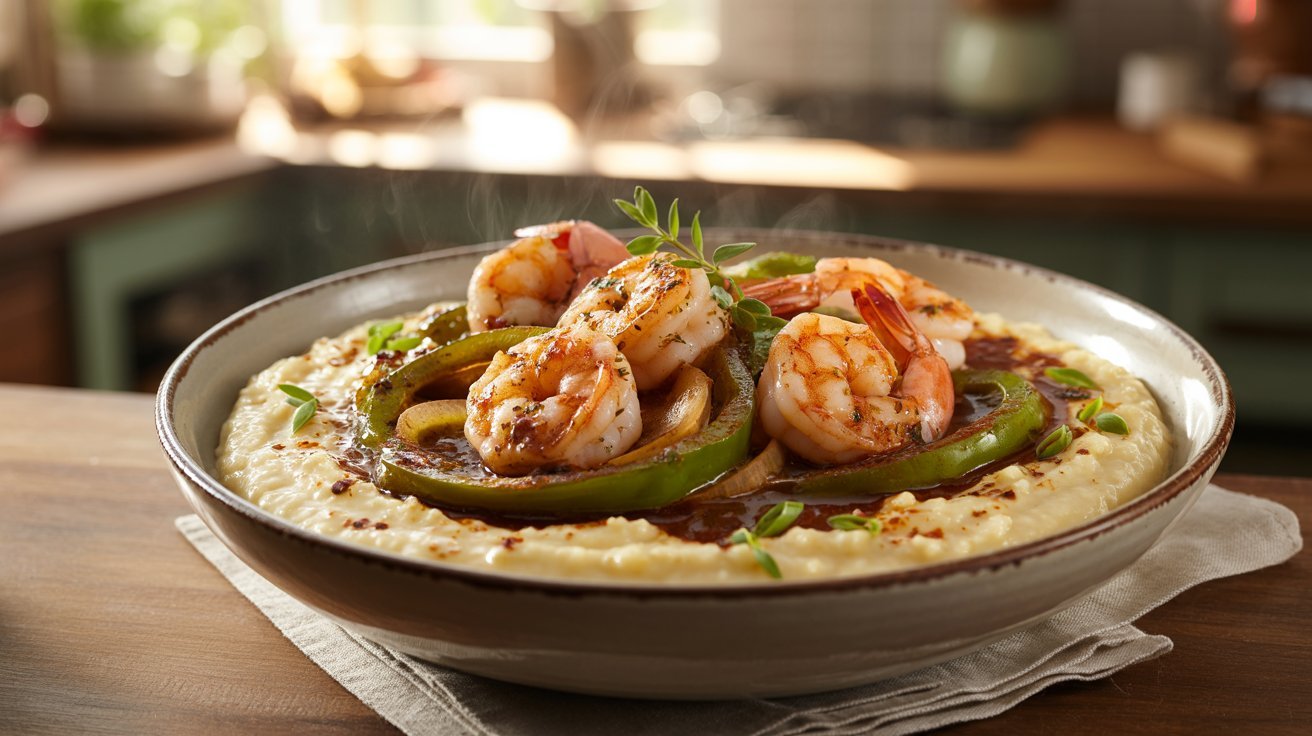 A bowl of Cajun shrimp and vegetables served over creamy mashed potatoes, showcasing a colorful and hearty dish.