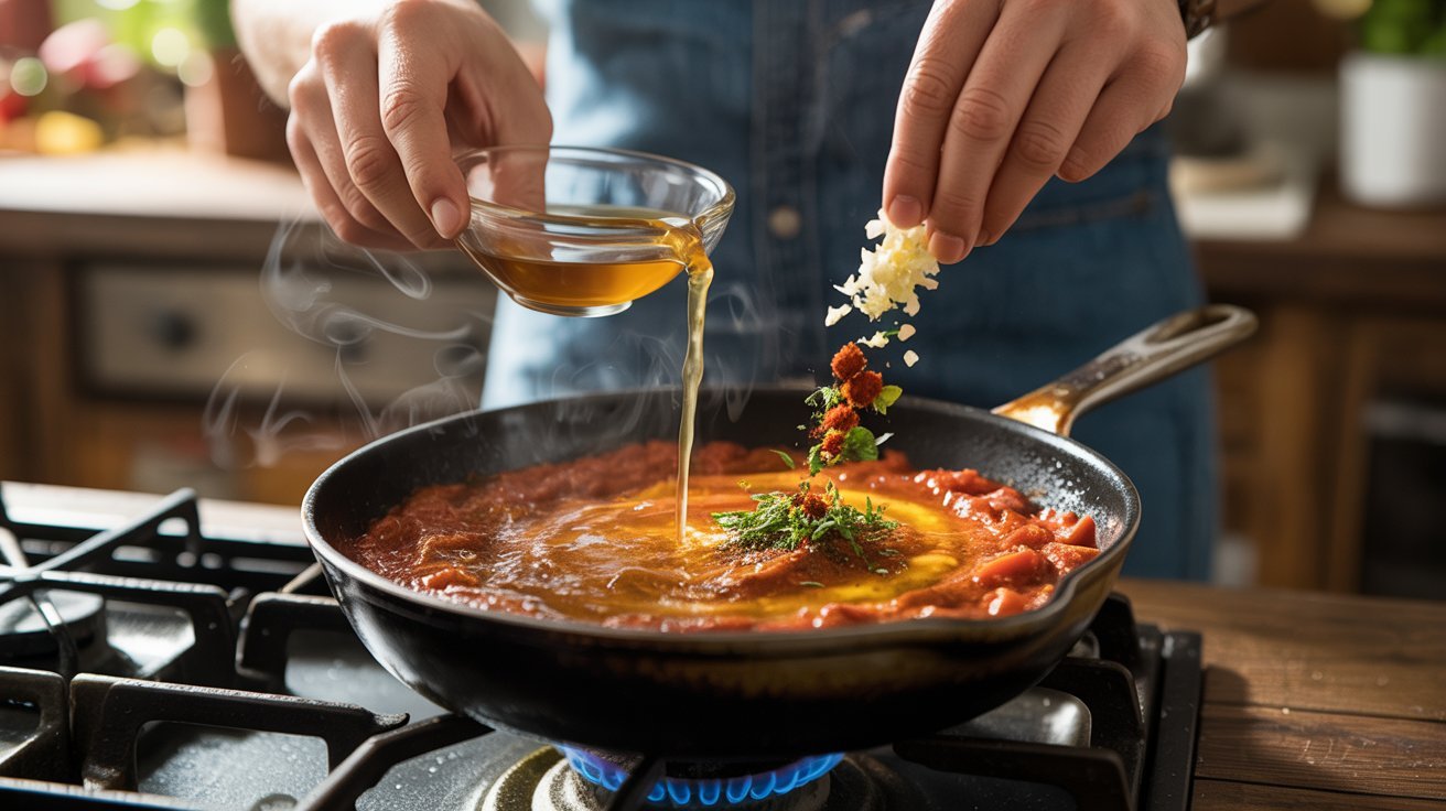 A person pouring sauce into a pan on a stove while preparing a shrimp recipe with garlic and seasonings.