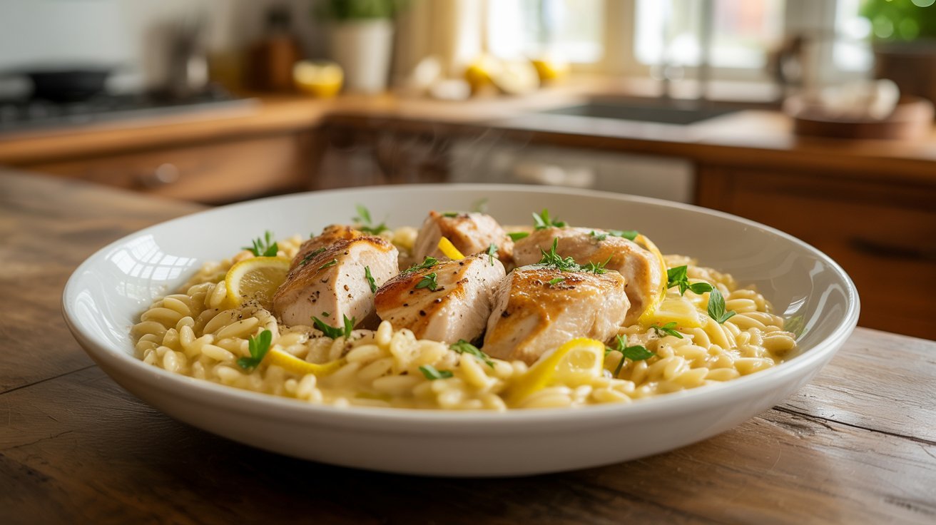 A bowl of lemon chicken orzo pasta, featuring tender chicken pieces and a bright lemon garnish.