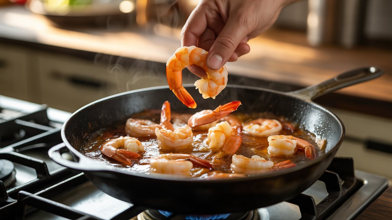 A person adding shrimp in a pan, demonstrating a recipe for perfectly tender shrimp at home.
