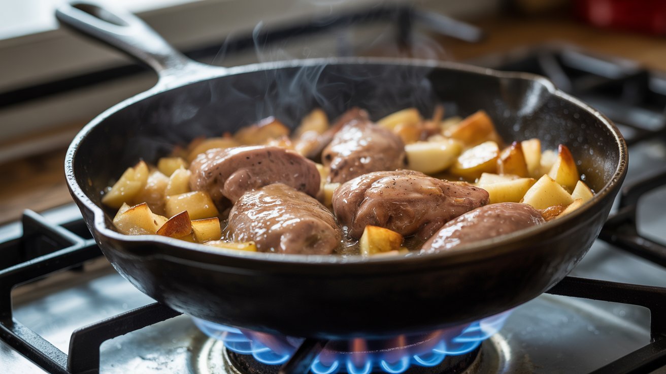 A pan on the stove with chicken Liver and Apple cooking.
