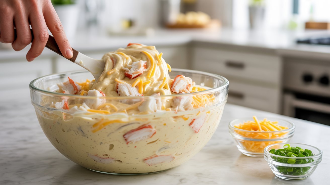 A person stirring a bowl of crab and cheese mixture for a Crab Rangoon dip recipe.