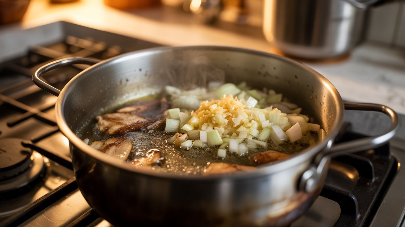 A pot of food simmers on the stove beside a pan of sautéing onions and garlic, indicating the cooking process.