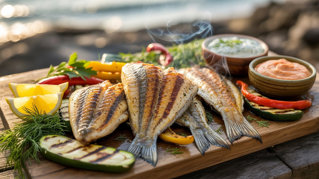 A Grilled catfish served on a wooden board with vibrant vegetables, emphasizing its appeal in culinary recipes.
