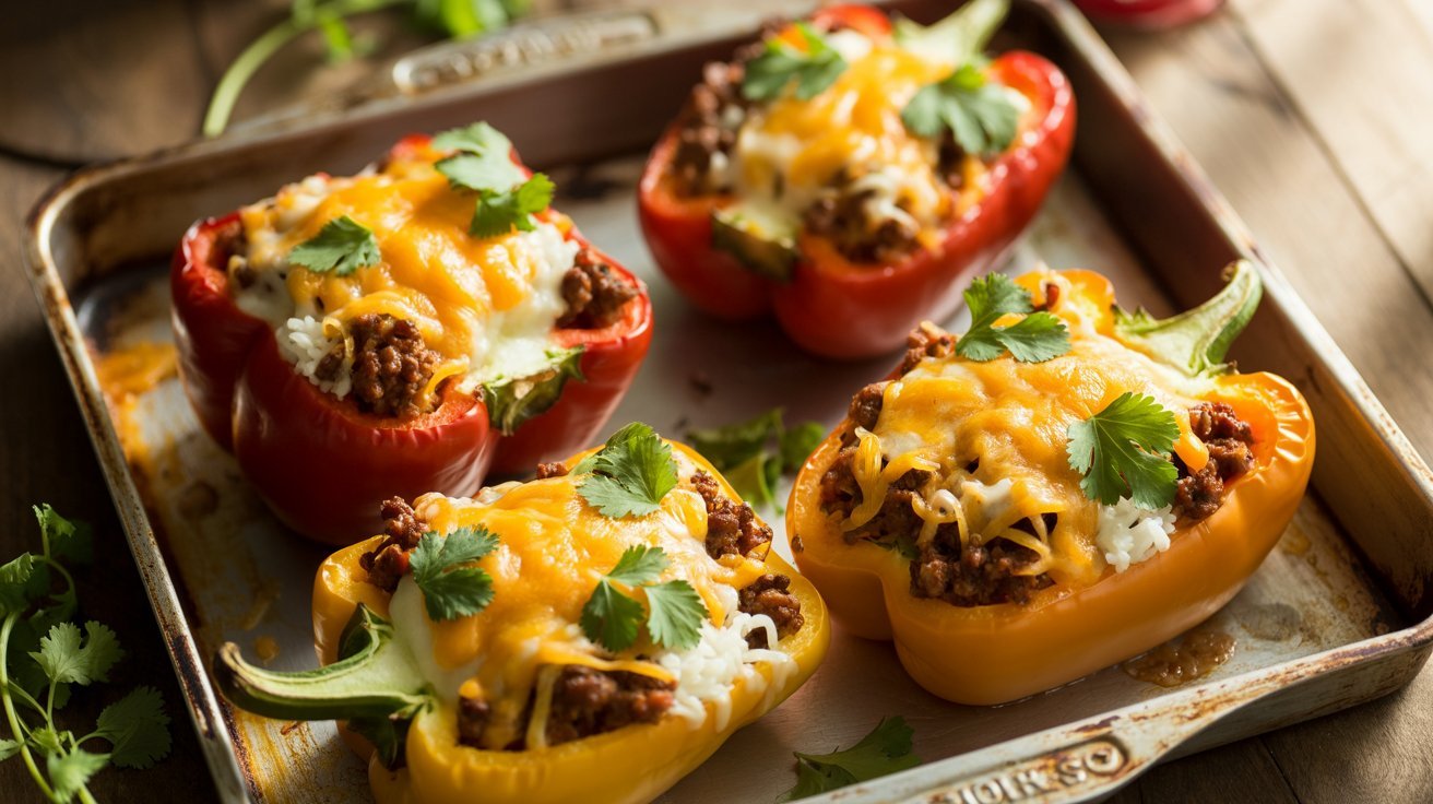 A plate of three taco stuffed peppers, generously filled with cheese and garnished with cilantro for added flavor.