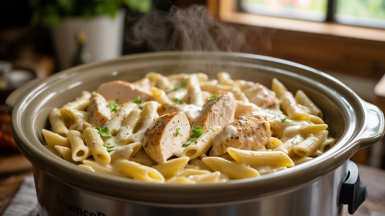 Displaying a crockpot with Chicken Alfredo pasta, showcasing a blend of chicken, fettuccine, and creamy sauce.