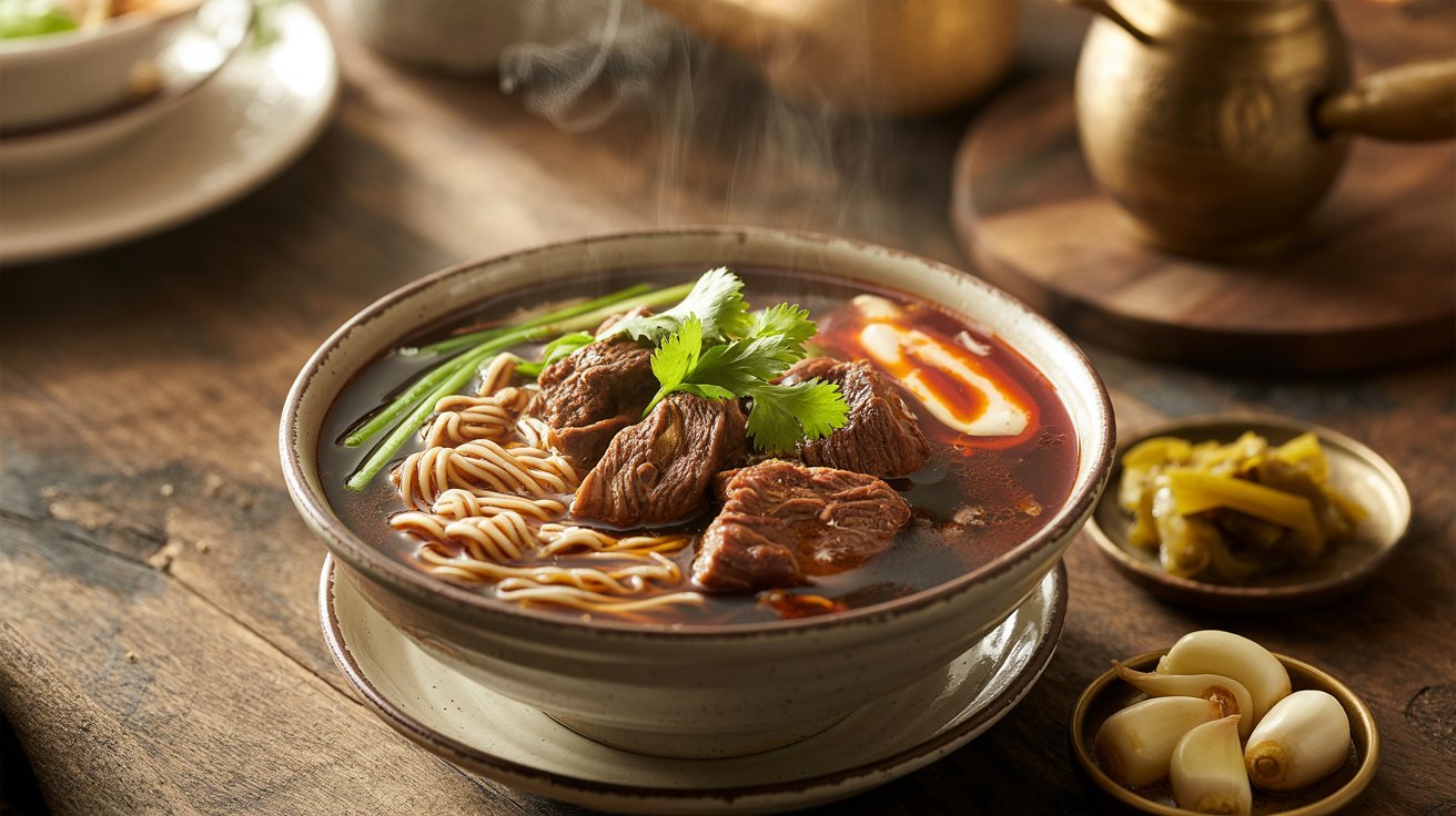 A bowl of traditional beef noodle soup with meat and noodles placed on a wooden table.