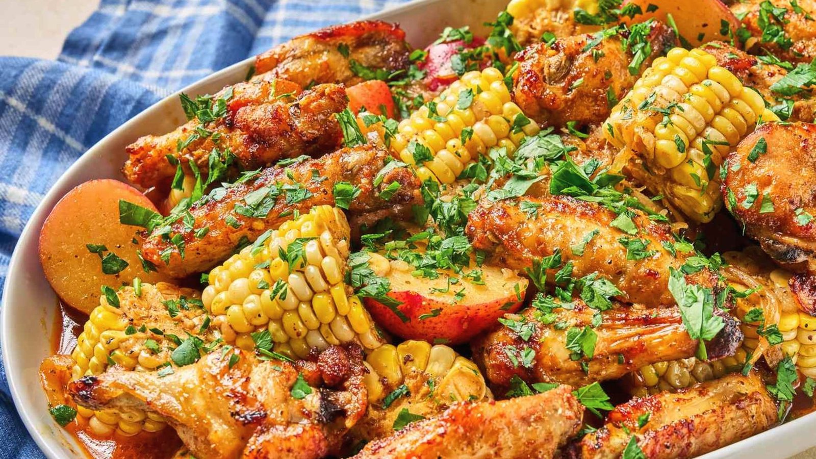 A dish of chicken wings and corn garnished with herbs, ready to serve and enjoy.