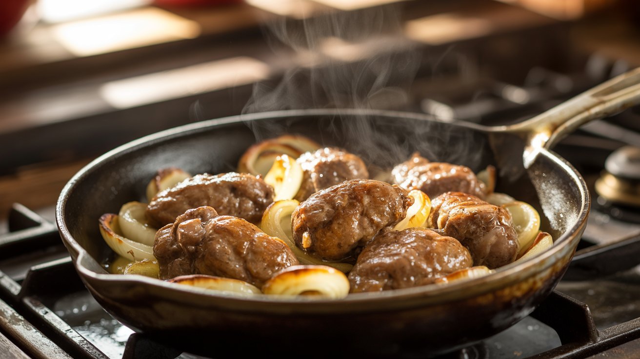A frying pan with chicken livers and onions cooking on a stove, creating a delicious meal.