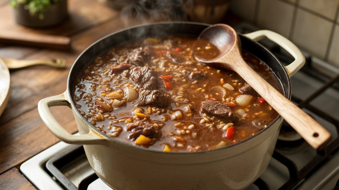 A pot of hearty stew with meat and vegetables simmering on the stove, thickened with rice and sauce.