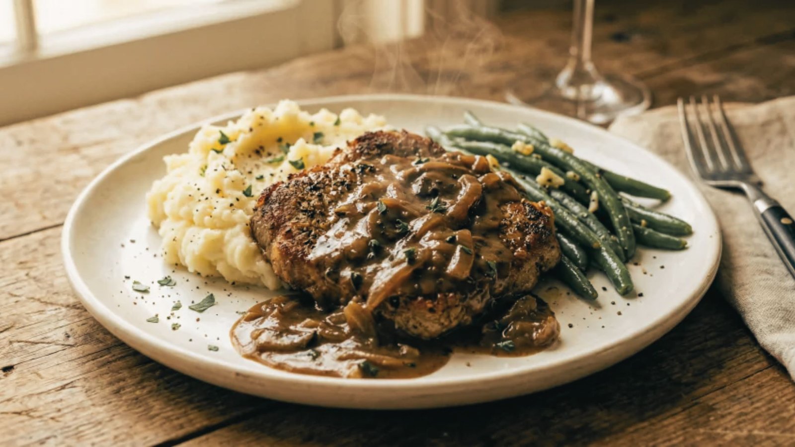 A dish of venison cube steak with smooth mashed potatoes and steamed green beans, arranged on a round plate.