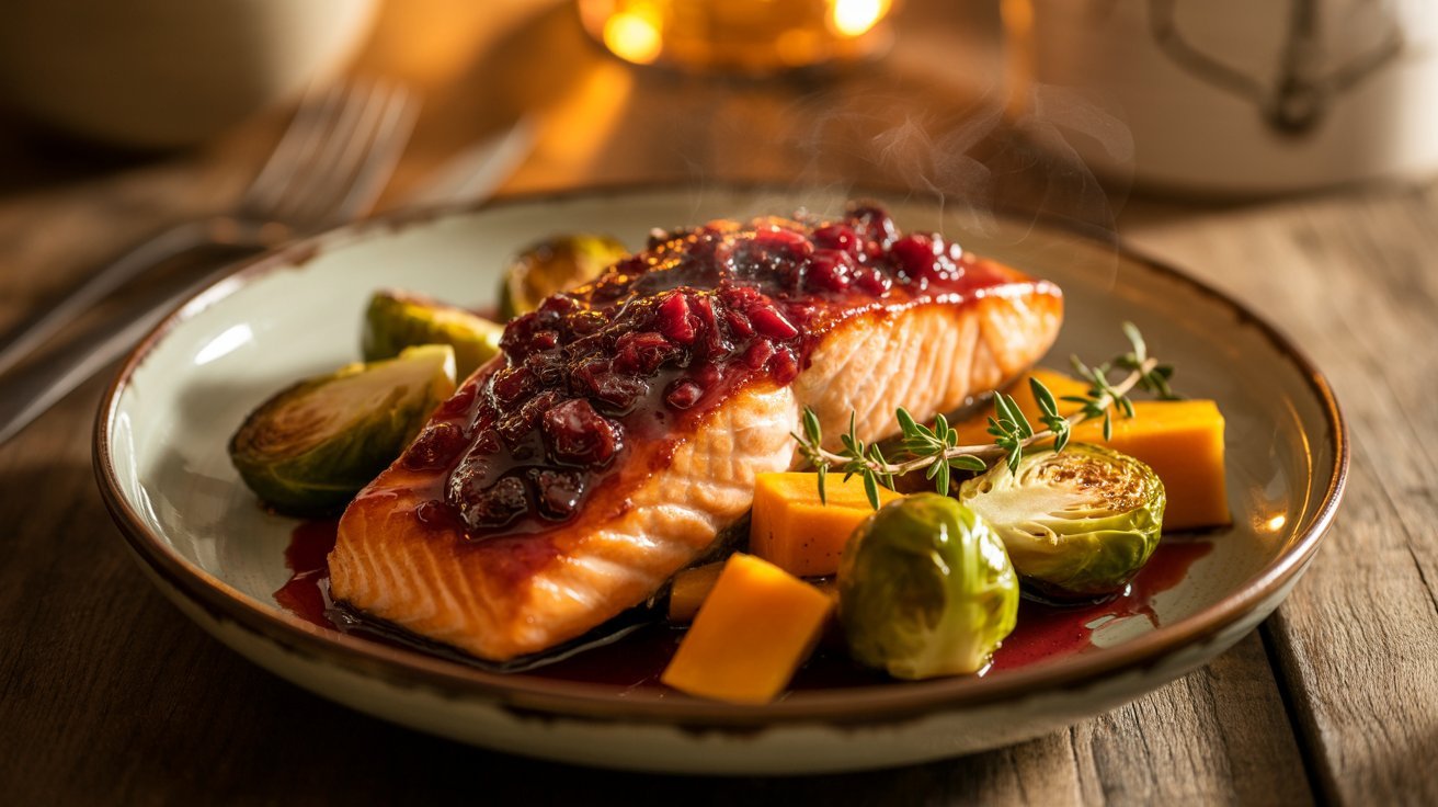 A plate featuring cranberry-glazed salmon fillet, roasted Brussels sprouts, and a side of cranberry sauce.