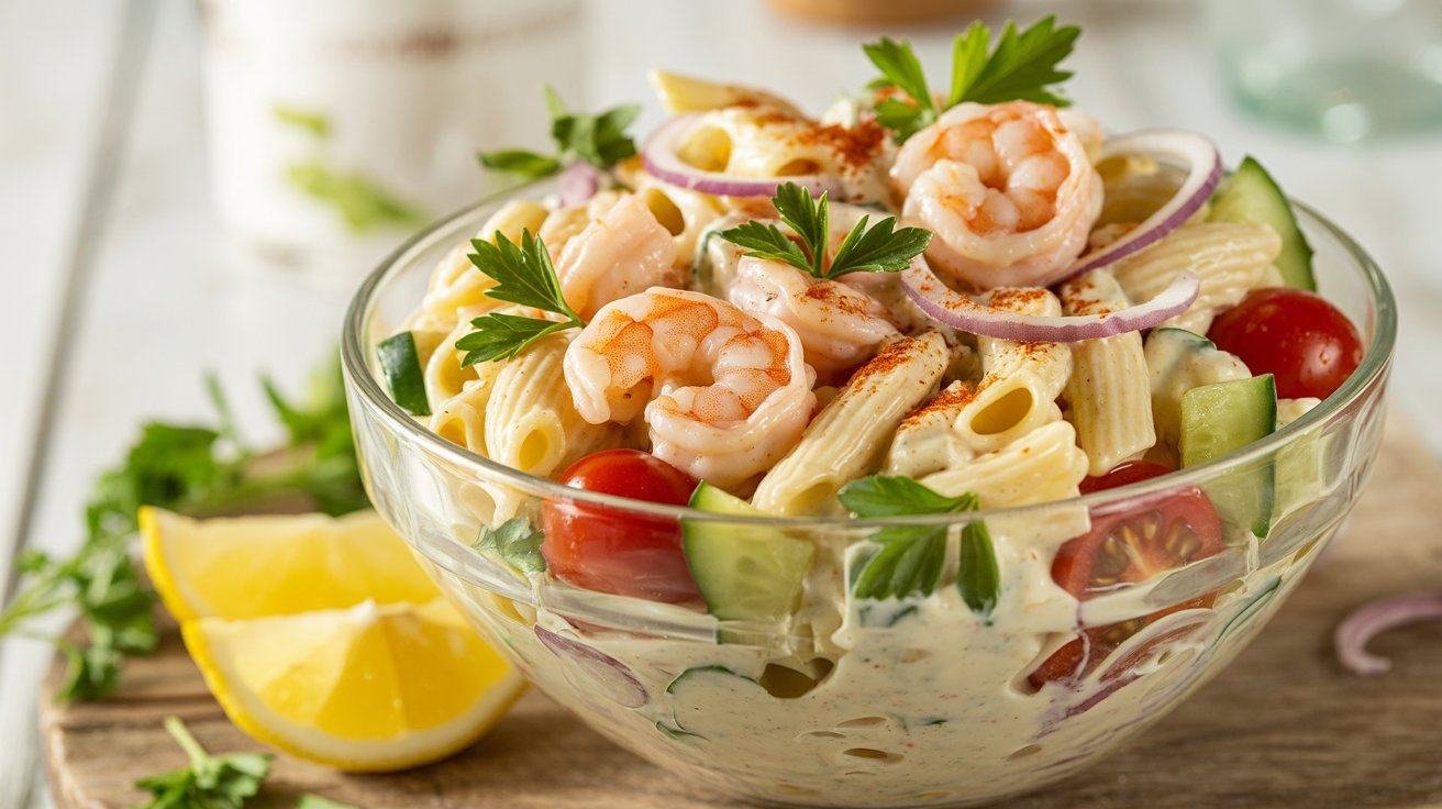 Creamy shrimp pasta salad with tomatoes and cucumbers in a bowl, dressed with mayonnaise.