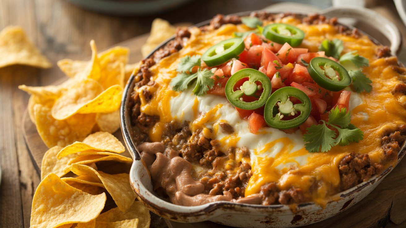 Cheesy Taco Dip Bake served with tortilla chips and salsa, showcasing a colorful and appetizing spread.