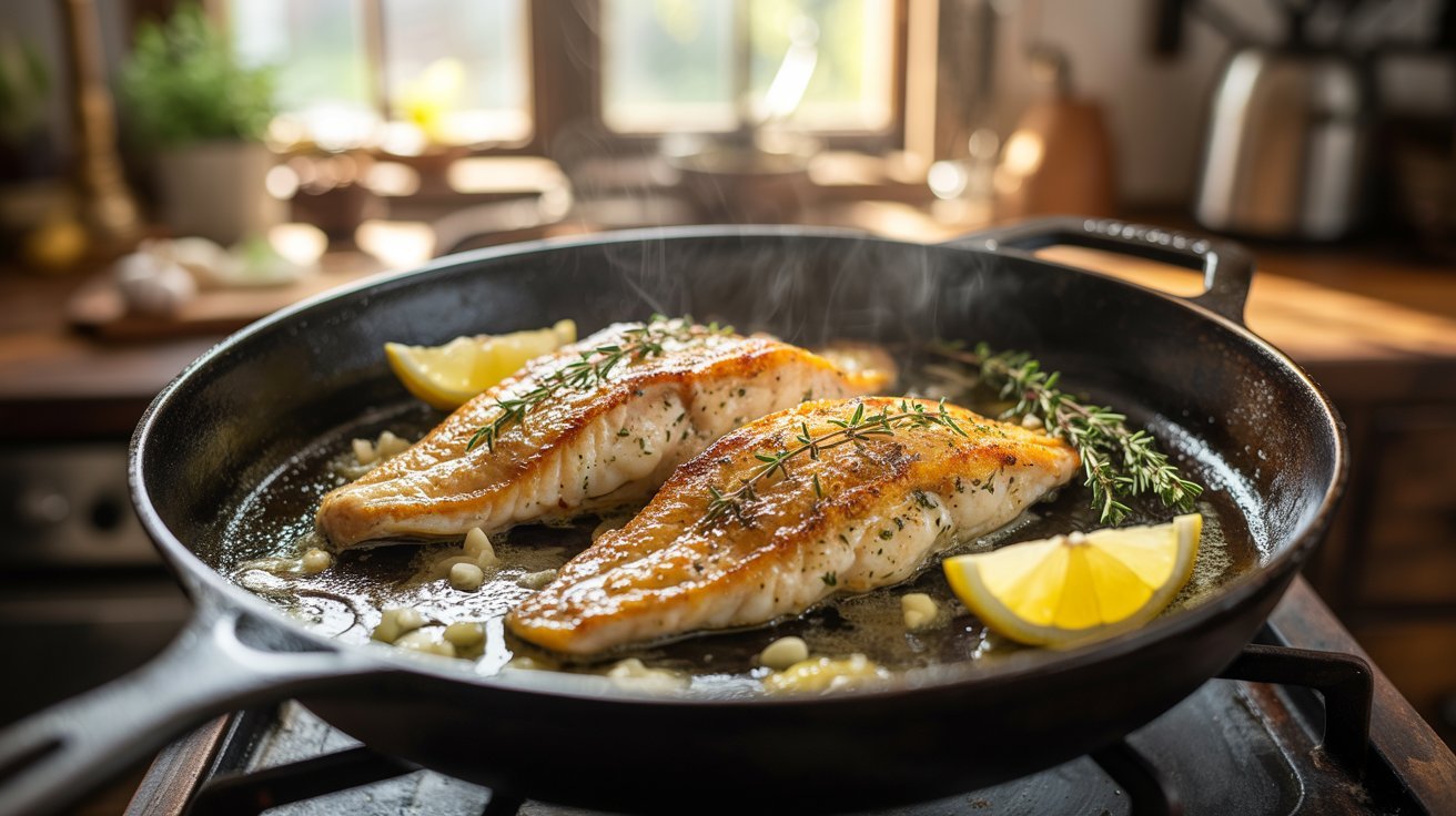 Two catfish fillets cooking in a skillet, accompanied by lemon slices, representing a delicious indoor grilling method.