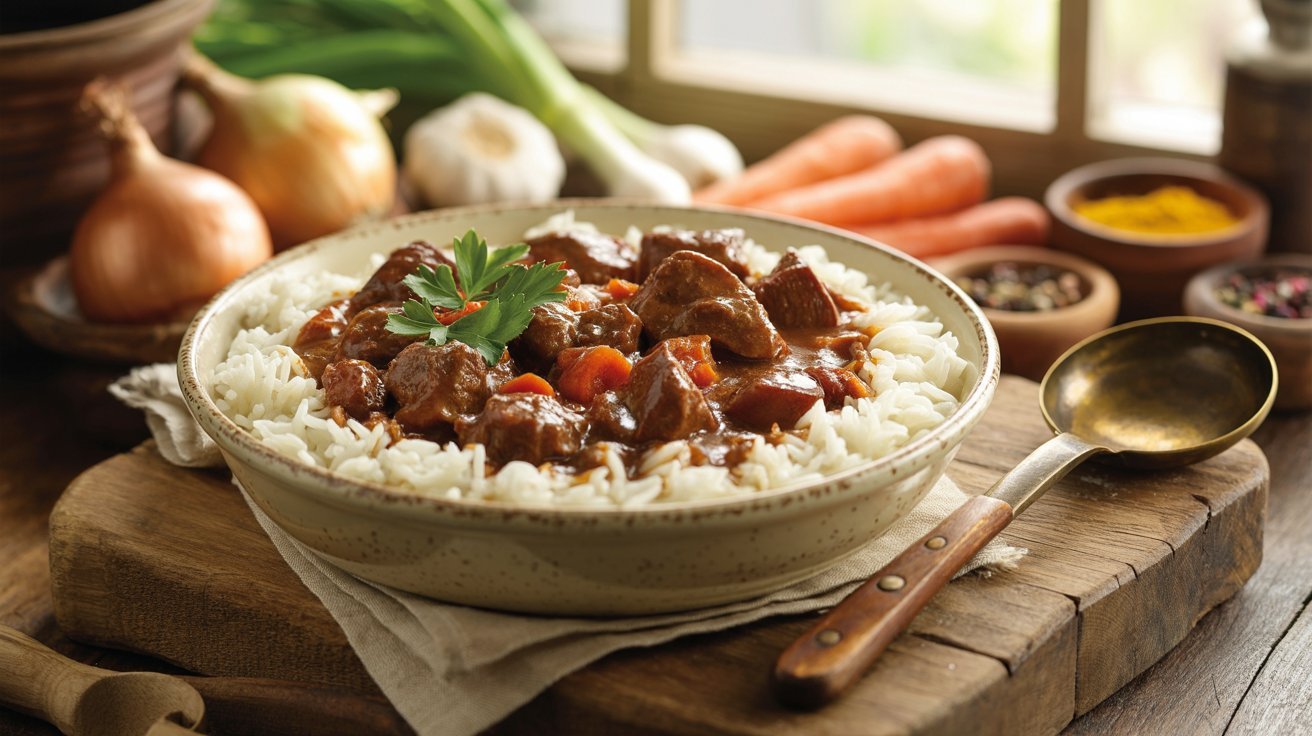 A delicious bowl of beef stew with tender meat, rice, and assorted vegetables, representing a One-Pot Stew Meat and Rice