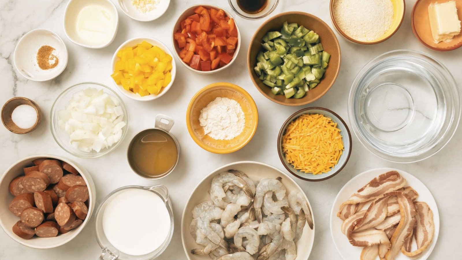 Ingredients for Shrimp and Grits including shrimp, grits, cheese, and spices arranged on a kitchen counter.