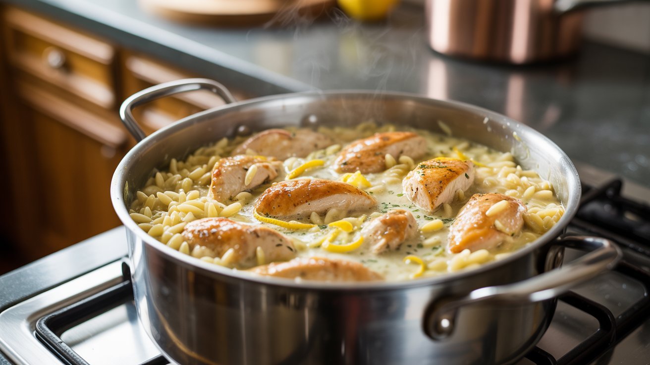 A pot of Lemon Chicken Orzo Pasta on the stove, ready for cream, chicken, and Parmesan to be stirred in.