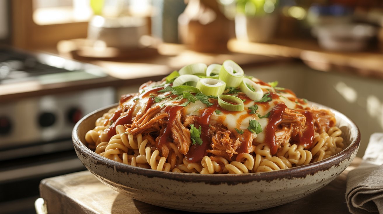 A bowl of BBQ shredded chicken pasta, featuring tender chicken, pasta, and a rich barbecue sauce, garnished with herbs.
