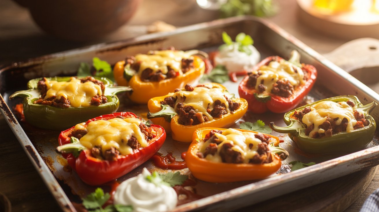 Taco stuffed mini peppers filled with cheese and topped with sour cream, arranged on a plate.