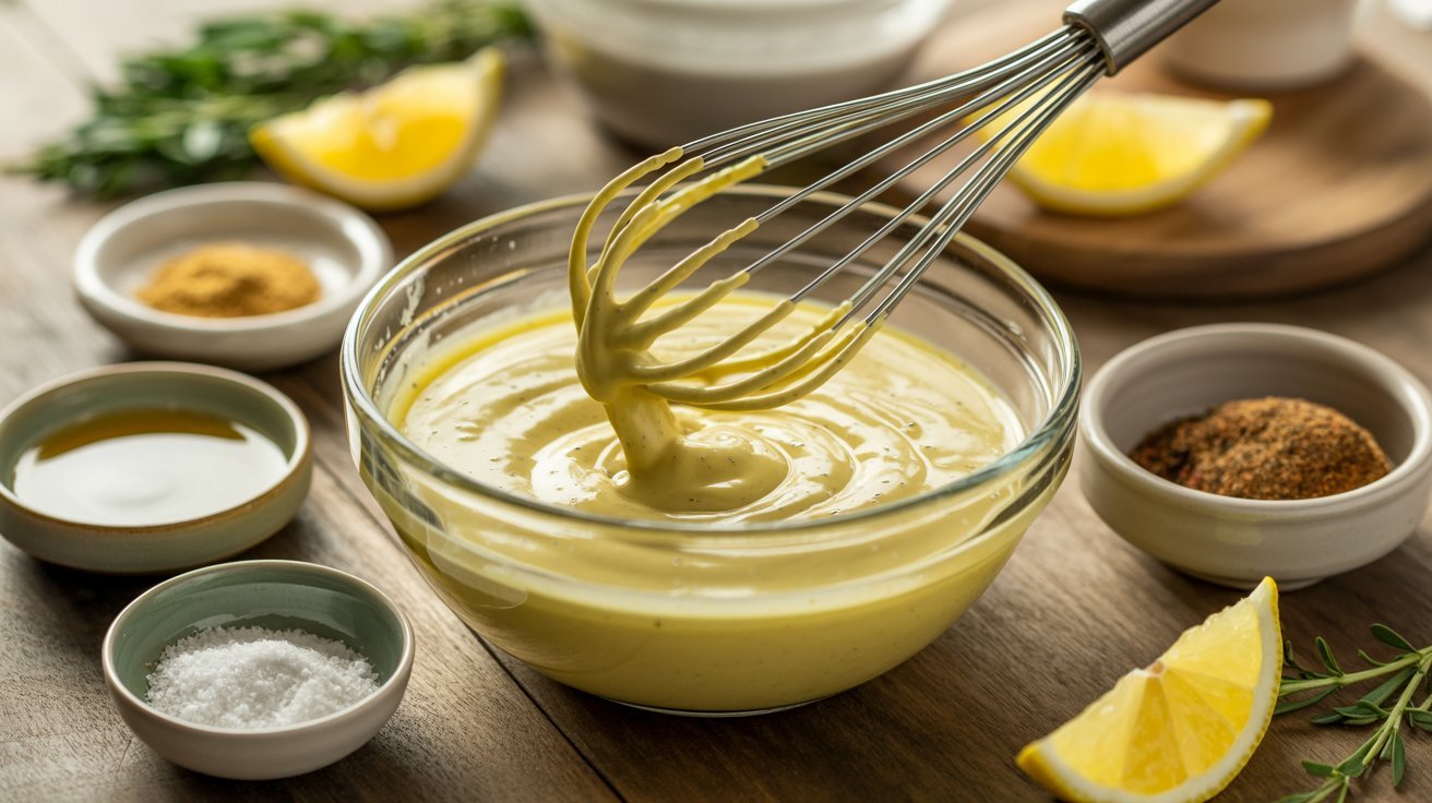 A whisk is mixing a creamy sauce for a shrimp pasta salad in a bowl.
