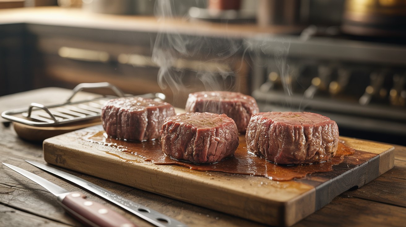 A wooden cutting board displays steaks, a knife, and a wooden spoon, illustrating the resting step before serving.