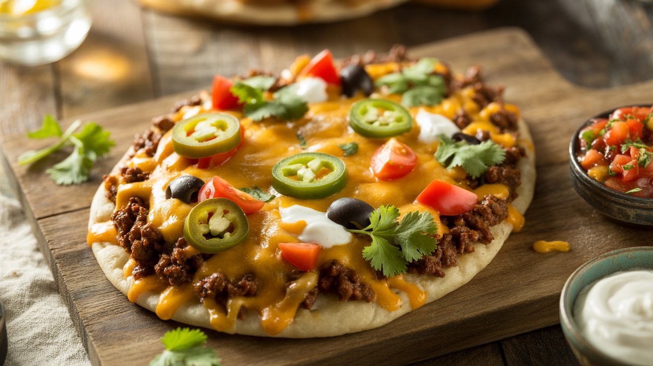 A delicious Taco Naan Pizza featuring melted cheese, savory meat, and fresh vegetables.