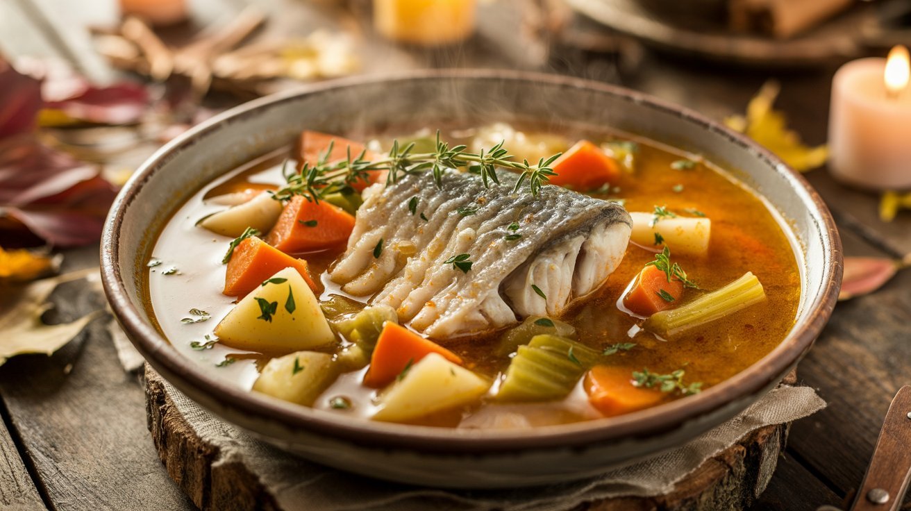 A steaming bowl of fish stew with herbs, showcasing tender fish pieces and vibrant vegetables in a rich broth.