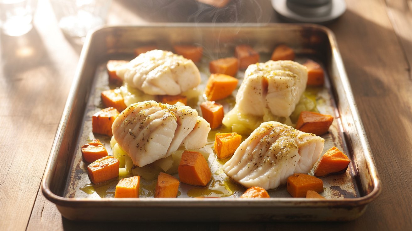 pan filled with roasted sweet potatoes, cod fillets, and assorted vegetables, showcasing a nutritious meal.