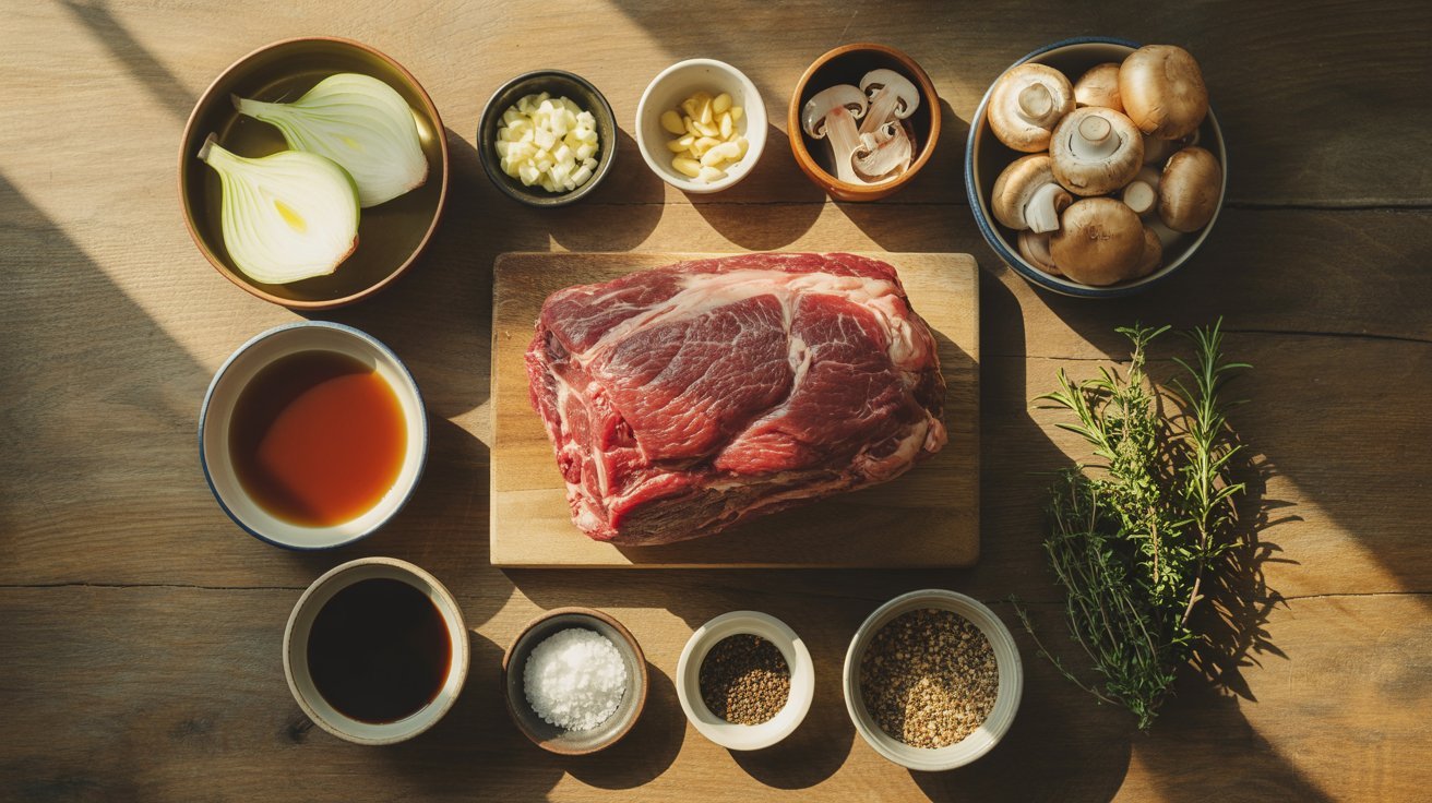 A wooden table featuring raw beef, mushrooms, onions, and additional ingredients for preparing Pikes Peak Roast.