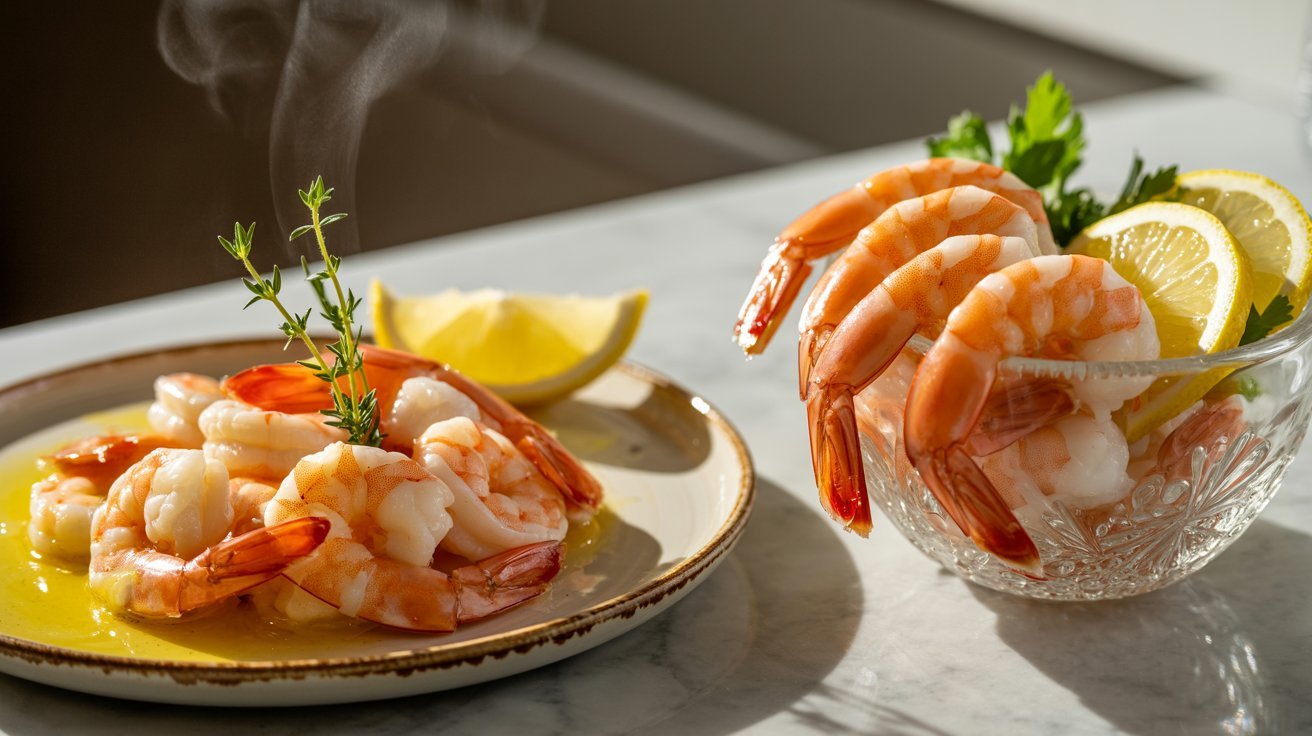 A plate of shrimp garnished with lemon slices, set on a table, ready to be served hot or chilled for later enjoyment.