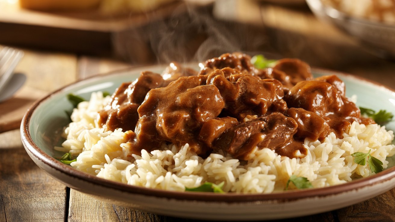 A pot of hearty stew with meat and vegetables simmering on the stove, ready to be served over rice.